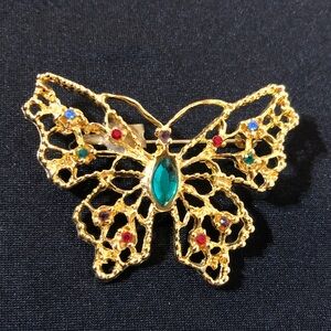 Vintage Gold Butterfly Brooch / Pin with blue, green, red, and purple Gems